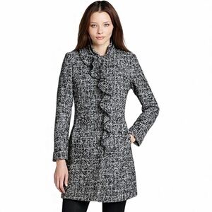 DKNY Women's Ruffled Dress Knee Length Black White Gray Wool Blend Coat Size 2